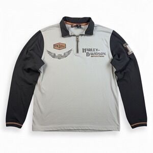 Harley Davidson Mens Long Sleeve 1/4 Zip Collared Shirt Gray Black Eagle Patch L